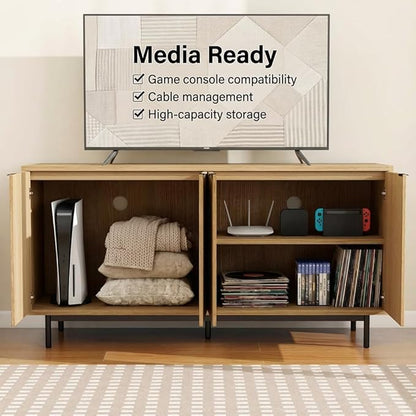 Vipbear 58 Inch TV Stand for 65 Inch TV, Modern Fluted Sideboard Buffet Cabinet with Storage, Natural Wood Media Console Table with 4 Doors and Adjustable Shelves for Living Room and Bedroom Decor