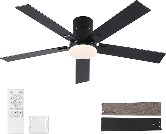 52 Inch Ceiling Fans with Lights and Remote,Flush Mount Black Ceiling Fan with 5 Blades,6 Speed Reversible DC Motor,3CCT Dimmable LED-Low Profile Design for Bedroom, Living room & Covered Outdoor