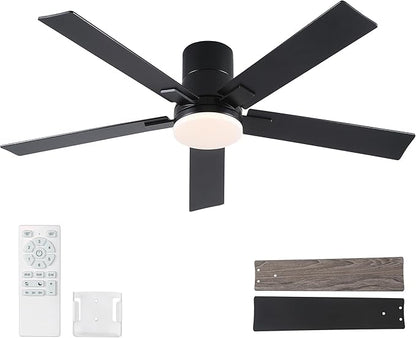 52 Inch Ceiling Fans with Lights and Remote,Flush Mount Black Ceiling Fan with 5 Blades,6 Speed Reversible DC Motor,3CCT Dimmable LED-Low Profile Design for Bedroom, Living room & Covered Outdoor