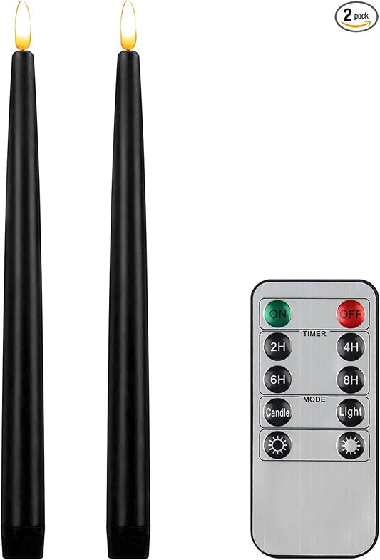 CVHOMEDECO. Flameless Taper Candles with 10-Key Remote, Battery Operated Led Flickering 3D Wick Window Candles Real Wax Finished Home Christmas Party Decor 0.78 x 11 Inch, Pack of 2, Black