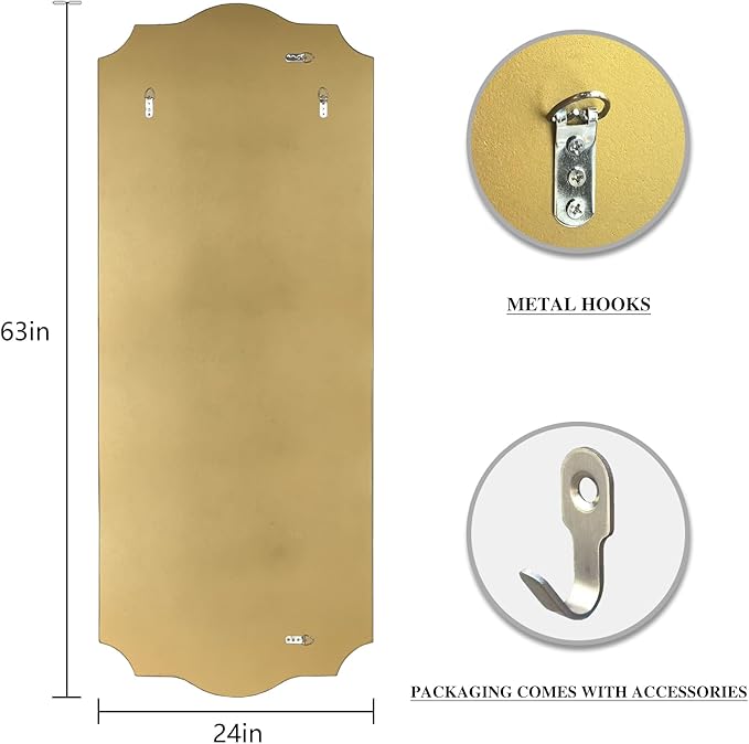POZINO Large Scalloped Mirror, 63"x24" Rectangle Full Length Mirror with Gold Wood Frame, Modern Aesthetic Wavy Wall Mirrors for Living Room Bedroom Hallway Entryway, Horizontal or Vertical Hanging