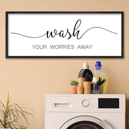 Wash Your Worries Away Sign Funny Laundry Room Wall Decor 40"×15" Rustic Bathroom Large Wooden Framed Wall Hanging Art (Black)