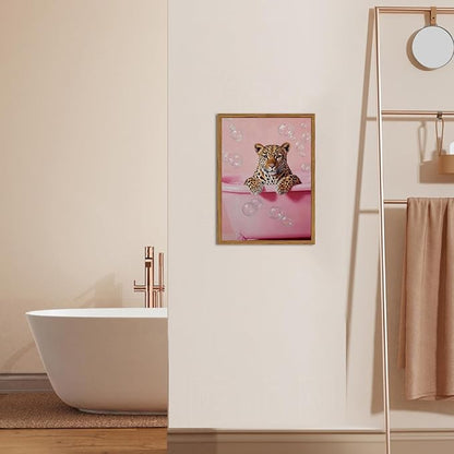 Funny Cheetah Bathroom Wall Art, Pink Leopard in Bathtub Wall Decor Paintings, Cute Animal Bathroom Poster Canvas Prints Maximalist Dopamine Girl Washroom Artwork 16x24 inch Framed