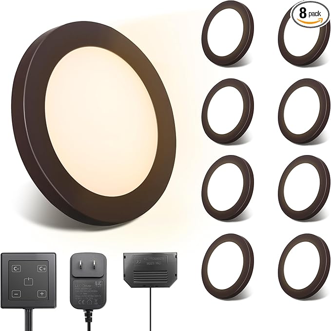 V4light LED Puck Lights 8 Pack, 6mm Ultra-Thin Plug in Under Cabinet Lighting with Touch Dimmer, Adjustable Color Temp(2700K-6500K), Easy Installation for Kitchen, Pantry, Closet, Bedroom (Brown)