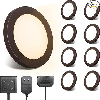 V4light LED Puck Lights 8 Pack, 6mm Ultra-Thin Plug in Under Cabinet Lighting with Touch Dimmer, Adjustable Color Temp(2700K-6500K), Easy Installation for Kitchen, Pantry, Closet, Bedroom (Brown)