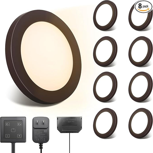 V4light LED Puck Lights 8 Pack, 6mm Ultra-Thin Plug in Under Cabinet Lighting with Touch Dimmer, Adjustable Color Temp(2700K-6500K), Easy Installation for Kitchen, Pantry, Closet, Bedroom (Brown)