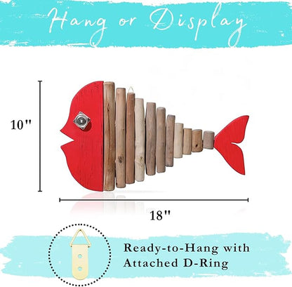 Driftwood Fish Nautical Wall Decor - Handmade Wooden Rustic Coastal Wall Art for Living Room, Bedroom, Office, Bathroom - Ocean Beach Decoration (Ruby)