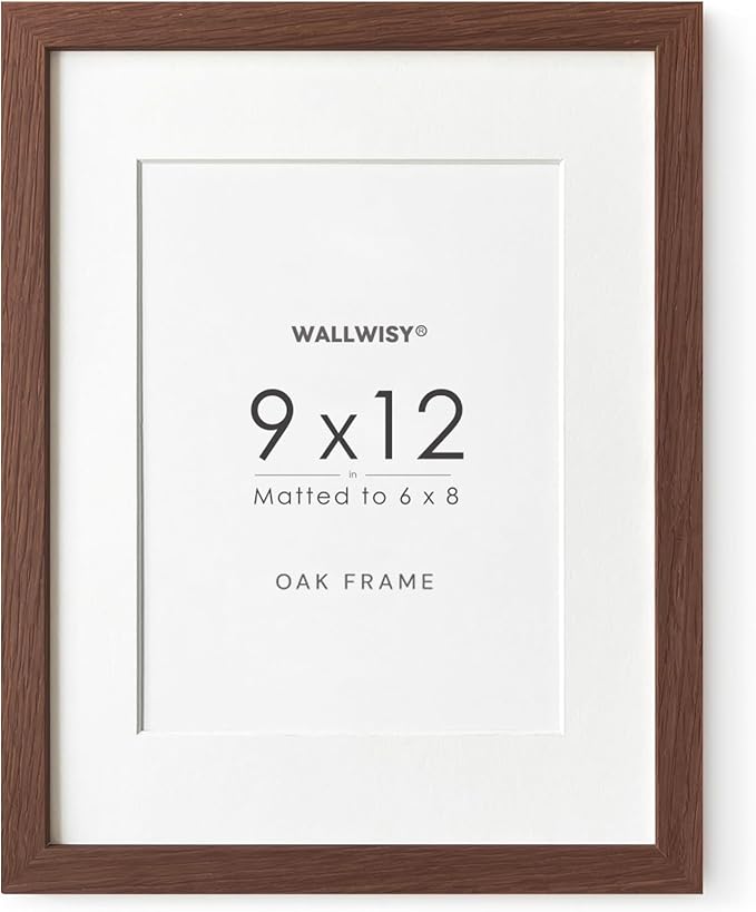 9x12 Wood Frame, Solid Oak 9x12 Picture Frame with Mat to 6x8, Natural Oak 12x9 Frames, (Walnut Set of 1)