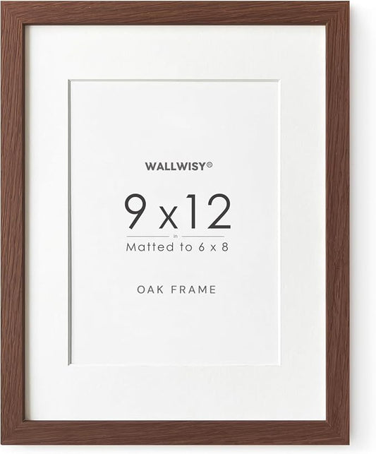 9x12 Wood Frame, Solid Oak 9x12 Picture Frame with Mat to 6x8, Natural Oak 12x9 Frames, (Walnut Set of 1)