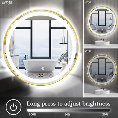 32 inches Round Gold Frame LED Bathroom Mirror, Wall Mount Home Mirror with 3 Color Dimmable Lights, Anti-Fog Smart Touch Sensor Mirror