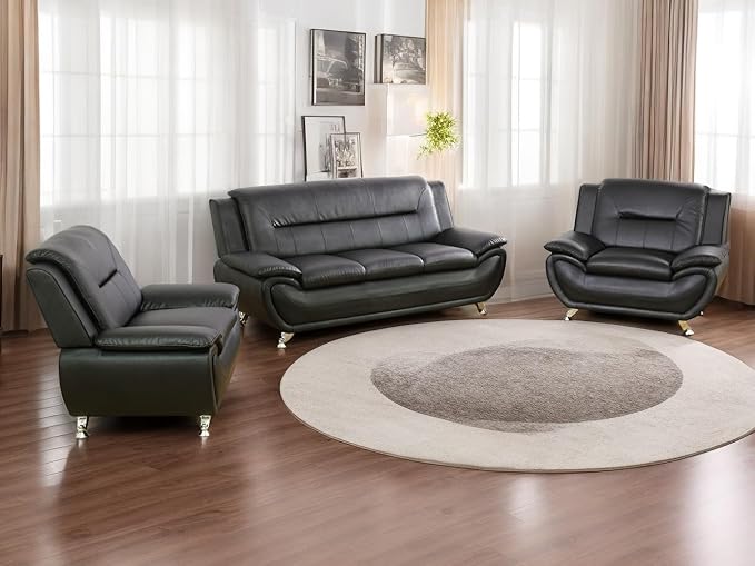 Leather Sofa Set (3-Piece, B-Leather Black) - Living Room Furniture for Apartment, Minimalist Style Material, Easy Assembly