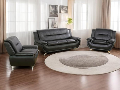 Leather Sofa Set (3-Piece, B-Leather Black) - Living Room Furniture for Apartment, Minimalist Style Material, Easy Assembly