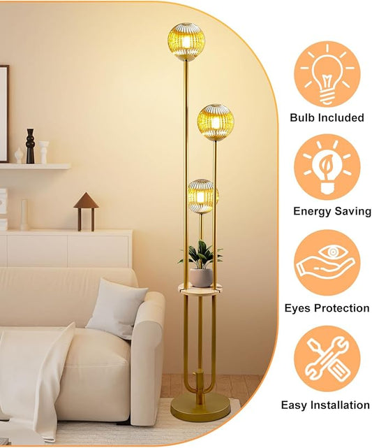 Globe Glass Floor Lamp with Table, Gold Tall Standing Lamps Dimmable, 3000K Warmwhite Mid Century Modern Floor Lamp with 5Lbs Heavy Base for Living Room/Bedroom