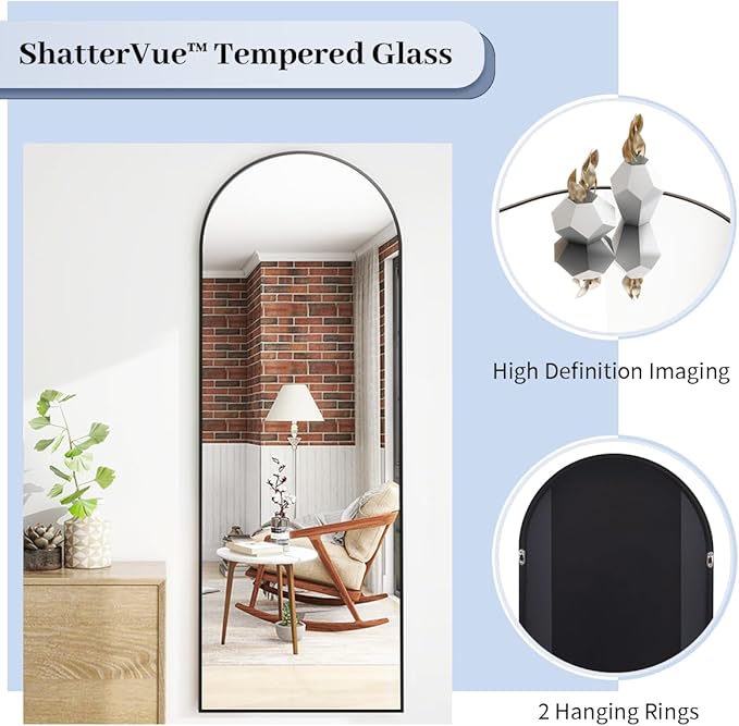 BEAUTYPEAK 64"x21" Arch Floor Mirror, Full Length Mirror Wall Mirrors Hanging or Leaning Arched-Top Full Body Mirror with Stand for Bedroom, Dressing Room, Black