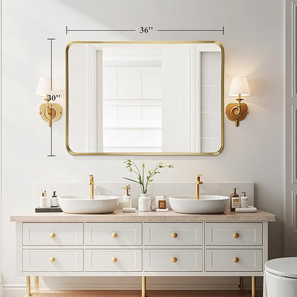 Bathroom Sink Mirror - 30x36 Inch Gold Frame Bathroom Mirror for Over Sink, Matte Rectangle Wall Mirror for Restroom, Entryway, Hanging Vertically or Horizontally