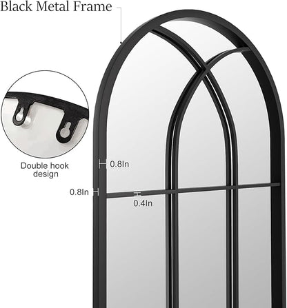 Mirror Full Length, 56"x22" Large Arched Mirror, Window Pane Wall Black Full Body Mirrors, Oversize Farmhouse Standing Mirrors for Living Room, No Stand