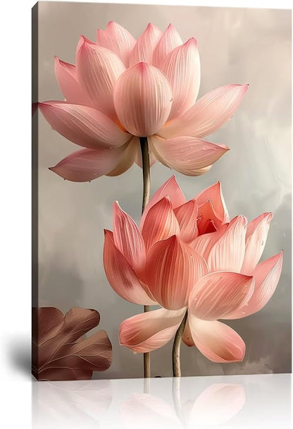 Bathroom Wall Art Pink Lotus Flowers Decor Modern Spring Floral Paintings Canvas Prints Artwork for Living Room Bedroom Home Decoration Framed