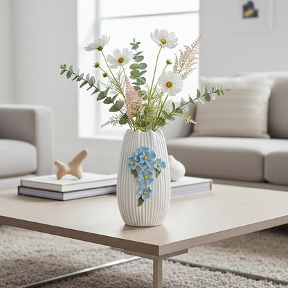 Modern Ceramic Vase - White Boho Textured Vase for Flower, 3D Sculpted Floral Centerpiece Vase for Living Room, Shelf, Table, Wedding, Fireplace, Mantel Decor