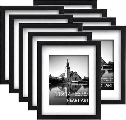 HEART ART 11x14 Picture Frame Set - 9 Frames For 8x10 Pictures, Gallery Wall Display, Black