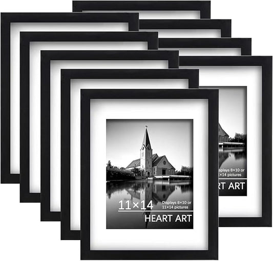 HEART ART 11x14 Picture Frame Set - 9 Frames For 8x10 Pictures, Gallery Wall Display, Black