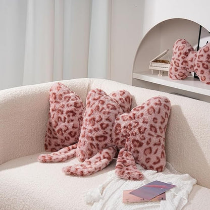 2 Pack Cute Leopard Print Bow Throw Pillows Furry Cheetah Bownote Plush Pillow Decor Bow Lumbar Suffed Pillow for Home Living Room Bedroom Bed Couch Cushion