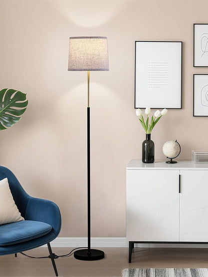 60" Modern Floor Lamp for Living Room Bedroom, Standing Lamp with Oatmeal Linen Lampshade, Tall Lamp with A19 9W 3 Color Temperature Bulb, Foot Switch Control, Black & Gold
