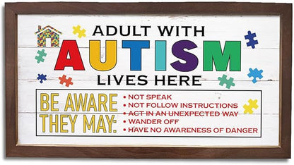 Colorful Autism Awareness Sign, Wall Decor Art, Modern Farmhouse Wood Signs, Autistic Support Wooden Plaque for Home, Wooden Framed Wall Decor, Adult with Autism Lives Here Sign 15×7.5×0.3 inches