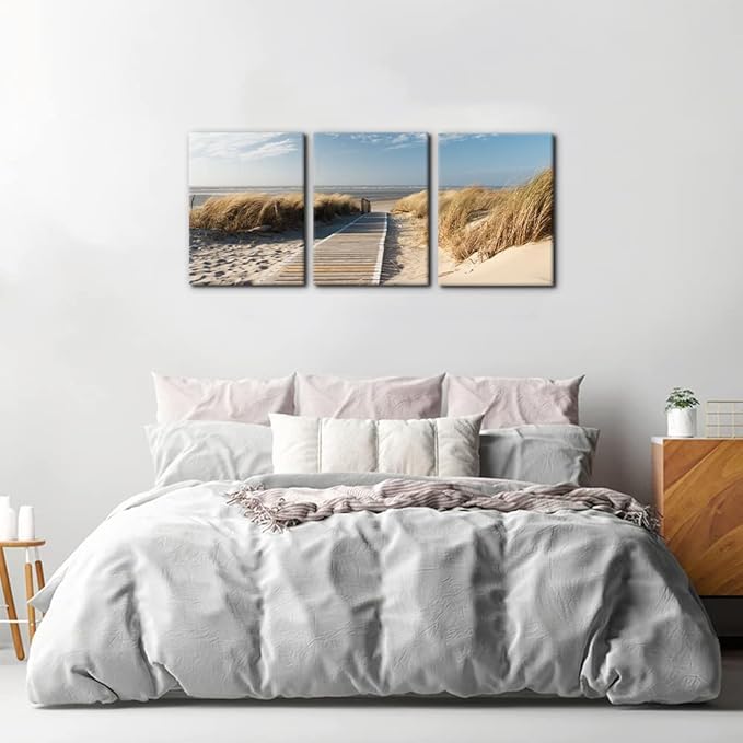 Pacimo Coastal Beach Canvas Wall Art - Pathway to Shoreline Artwork Painting on for Home Decor Oceanside Sea Grass Modern Prints Framed Ready Hang 12''x16''x3 Panel,(Wallart-3P-ER-10)