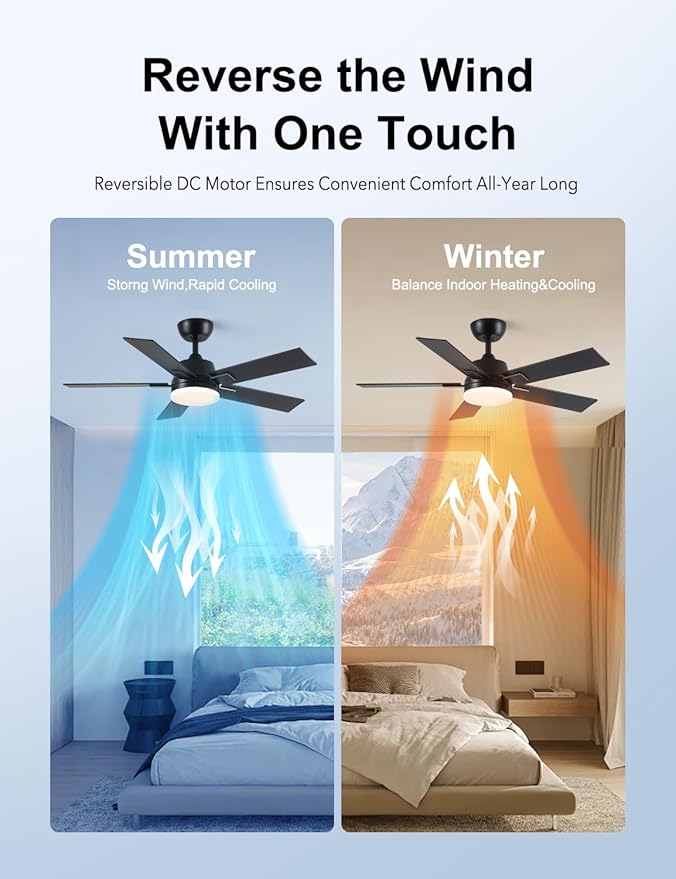 Rayqueen 42 Inch Ceiling Fans with Lights and Remote, 6 Speed Reversible DC Motor, 3CCT Dimmable LED, Black Modern Ceiling Fan for Bedroom, Living room & Covered Outdoor,Includes Downrod