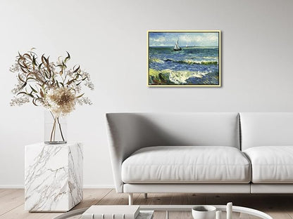 Wieco Art Framed Canvas Wall Art Seascape at Saintes Maries by Vincent Van Gogh Modern Canvas Prints Sea Pictures on Canvas Art for Living Room Home Decorations Gold Frame