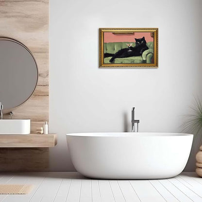 YD&YZY Gold Framed Funny Cat Wall Art Canvas Black Cat Martini Vintage Quirky Humor Bar Cart Wall Decor Cute Animal Painting Picture Print Artwork for Bedroom Living Room Bathroom 16x24 inch Framed