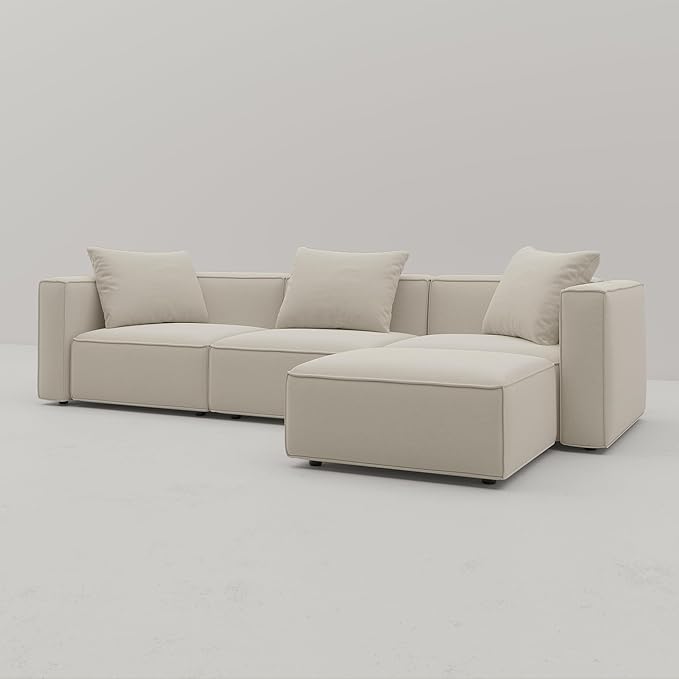 Acanva Luxury Modular Sectional Living Room Sofa Set, Modern Minimalist Style Couch with Ottoman and Chaise, L-Shape, Linen-Like Cream | Minimalist Style