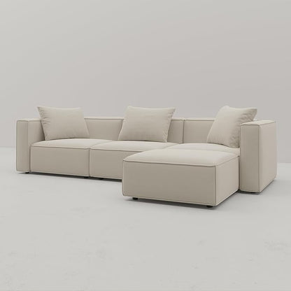 Acanva Luxury Modular Sectional Living Room Sofa Set, Modern Minimalist Style Couch with Ottoman and Chaise, L-Shape, Linen-Like Cream | Minimalist Style