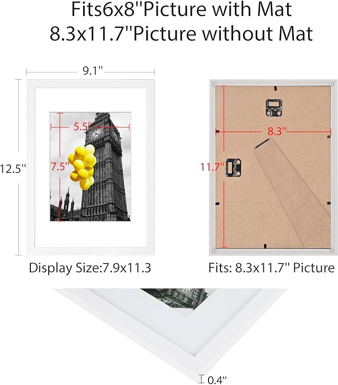 A4 Picture Frame Set of 6, Display Pictures 6x8 with Mat or 8.3x11.7 Without Mat, Document Frame,Wall Gallery Poster Frames, White