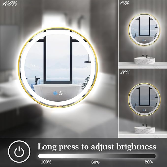 Gold Round Vanity Mirror with Lights 3 Color Dimmable Frontlight 16 Inch Gold Frame Round Lighted Mirror for Bathroom Makeup Wall LED Circle Round Smart Light up Mirror with Lights Anti-Fog