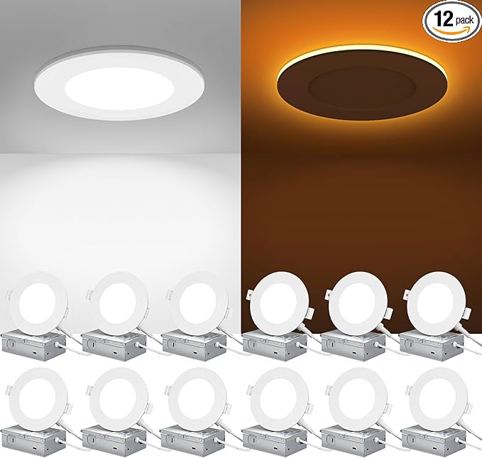 ZYC 4 inch recessed Lights - 9W 800LM LED Recessed Ceiling Light with Night Light,2700K/3000K/4000K/5000K/6000K Selectable Ultra-Thin Lighting,Dimmable Canless Wafer Downlight,Pack of 12（White）.