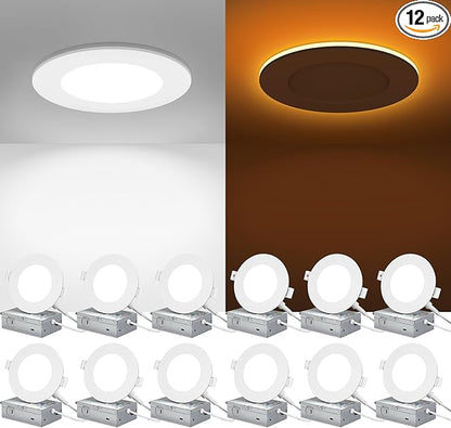 ZYC 4 inch recessed Lights - 9W 800LM LED Recessed Ceiling Light with Night Light,2700K/3000K/4000K/5000K/6000K Selectable Ultra-Thin Lighting,Dimmable Canless Wafer Downlight,Pack of 12（White）.