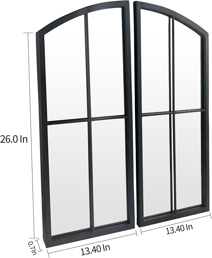 Black Arch Mirror,Window Pane Wall Decor,Farmhouse Wall Mirrors with Iron Frame for Entryway,Hallway,Living Room,Fireplace.2-Pack 26.4"X13.4"