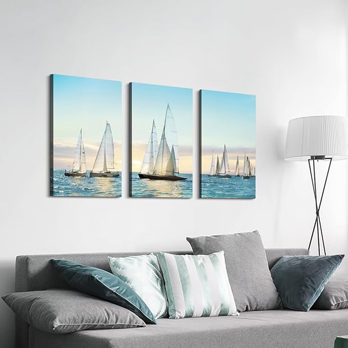 Hardy Gallery sailboat wall art coastal pictures: nautical wall decor sailing artwork blue ocean print in canvas painting for living room 16" x 26" x 3 panels