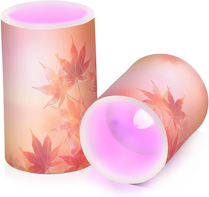 Thanksgiving Decorations Lights Flameless Candles Thanksgiving Autumn Leaves Golden Maple Leaves Pillar Candles Set of 2 Battery Operated Remote Control Warm Lights