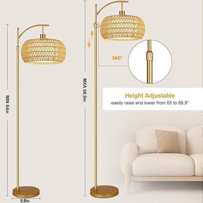 ZECOXOL Gold Floor Lamps for Living Room Rattan Boho Floor Lamp with Remote Control & 3 Color Temperature,Dimmable Arc Floor Lamps Brass Standing Lamp Tall Floor Lamp for Bedroom Living Room Corner