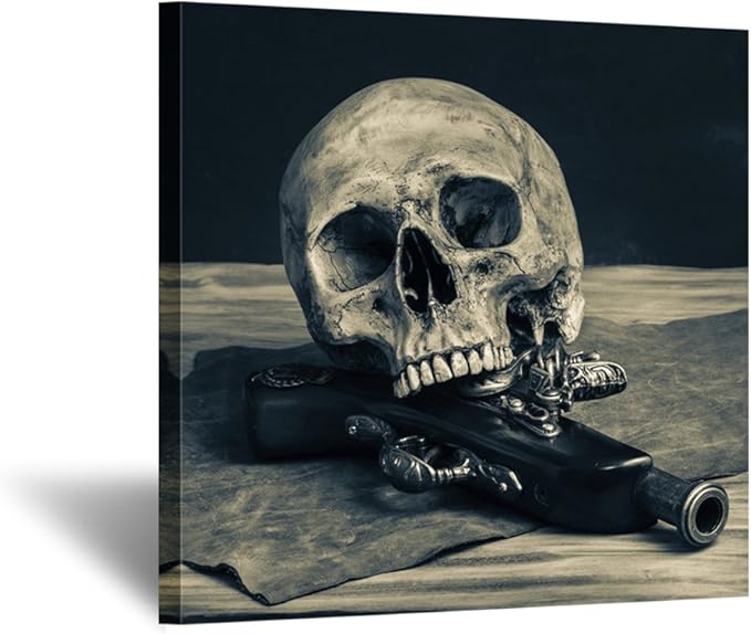 KREATIVE ARTS - Abstract Skull with a Gun Wall Art Canvas Painting Vintage Poster Prints Home Decor Wall Picture For Living Room Gift Hanging Wall Decor Picture 24x24inch