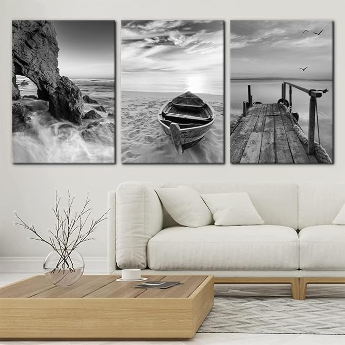 Pacimo 3 Panels Set Framed Canvas Wall Art Print for Seascape Beach and Boat Sunrise Scenery Black and White Giclee Canvas Print Modern Artwork for Wall Decor Ready to Hang - 20"x28"x3 Panels