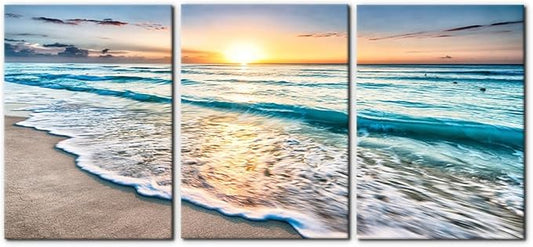 Pacimo 3 Panels Beach Canvas Wall Art for Home Decor Blue Sea Sunset White Beach Painting The Picture Print on Canvas Seascape The Pictures for Home Decor Decoration Ready to Hang - 20"x28"x3 Panels