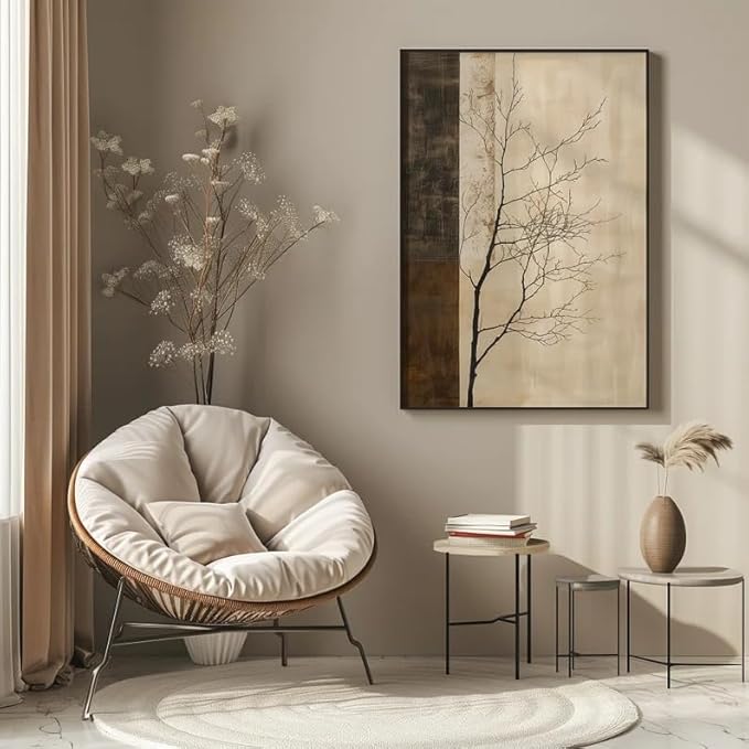ZHBJSM Minimalist Tree Wall Art Modern Abstract Rustic Neutral Tone Bare Tree Texture Calm Nature-Themed Home Living Room Bedroom Elegant Stylish Interior Decor Accent 16x24 Inch Unframed