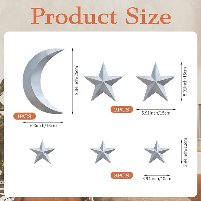 MidModArt 6PCS Mid Century Modern 3D Star Wall Art Gold Retro Starburst Sculptures Vintage Celestial Home Decor, Silver Moon