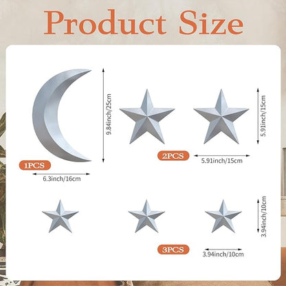 MidModArt 6PCS Mid Century Modern 3D Star Wall Art Gold Retro Starburst Sculptures Vintage Celestial Home Decor, Silver Moon