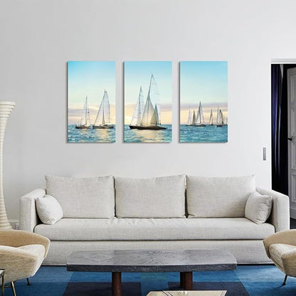 Hardy Gallery sailboat wall art coastal pictures: nautical wall decor sailing artwork blue ocean print in canvas painting for living room 16" x 26" x 3 panels