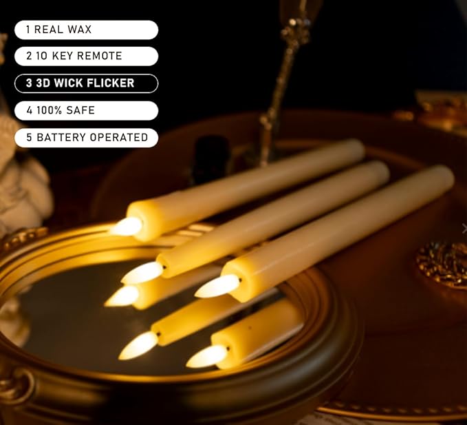 Upgraded Real Wax LED Flameless Taper Candles with Remote, KSWING 6 PCS Ivory Candle Sticks Battery Operated 3D Flickering - 9.6" Long Realistic Fake Candlesticks for Home/Wedding/Fireplace Xmas Decor