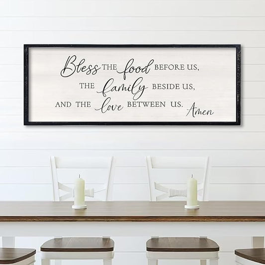 Bless the Food Before Us Wall Decor Sign 32" X 12" Dining Room Wall Decor Framed Wood for Large Farmhouse Vintage Prayer Catholic Kitchen Wall Hanging Scripture Bible Verse Art (Black)